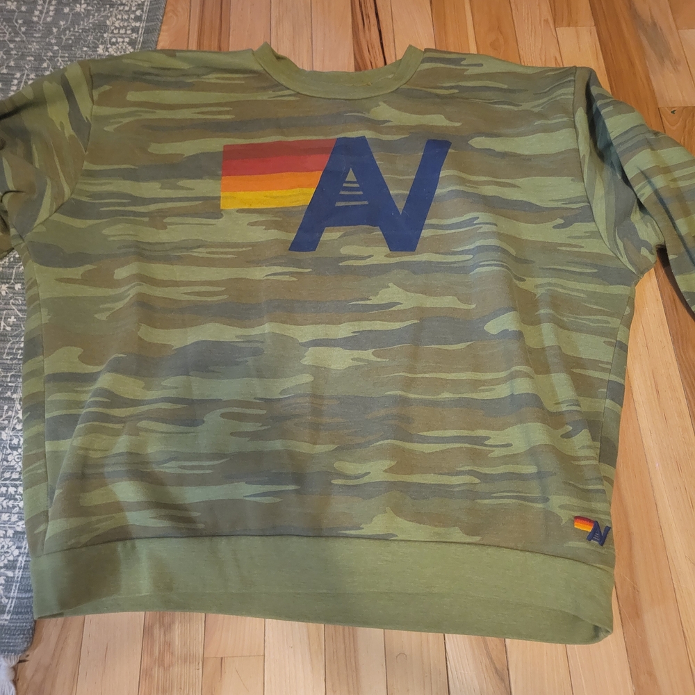 Aviator Nation Green Camo Sweatshirt with Navy Logo and Rainbow Stripe